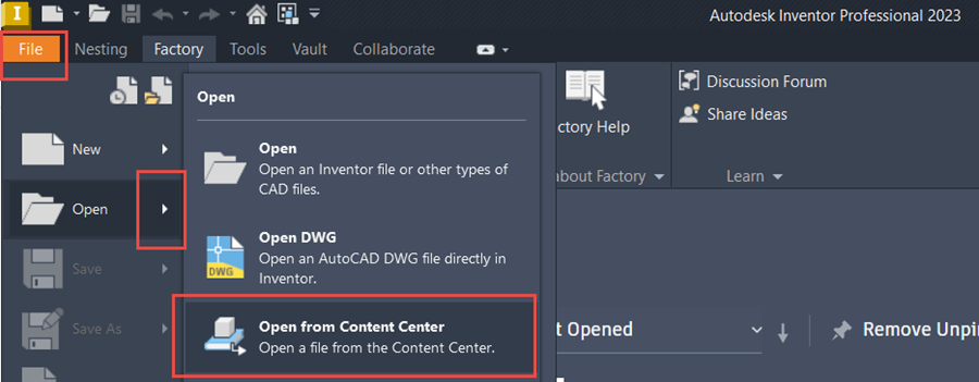 Inventor Tips & Tricks - Fast Content Center Parts with the Open Command - Access the “Open from Content Center” Tool from the File Tab
