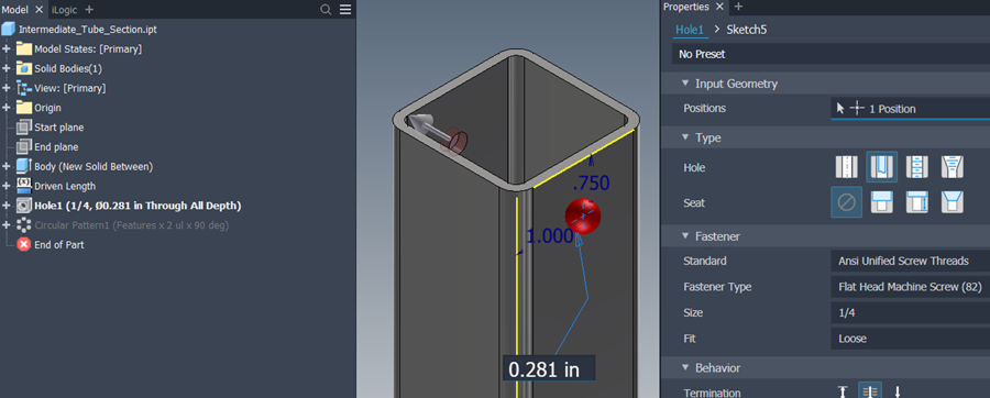 Inventor Tips & Tricks - Fast Content Center Parts with the Open Command - Hole Feature at Top of Tube